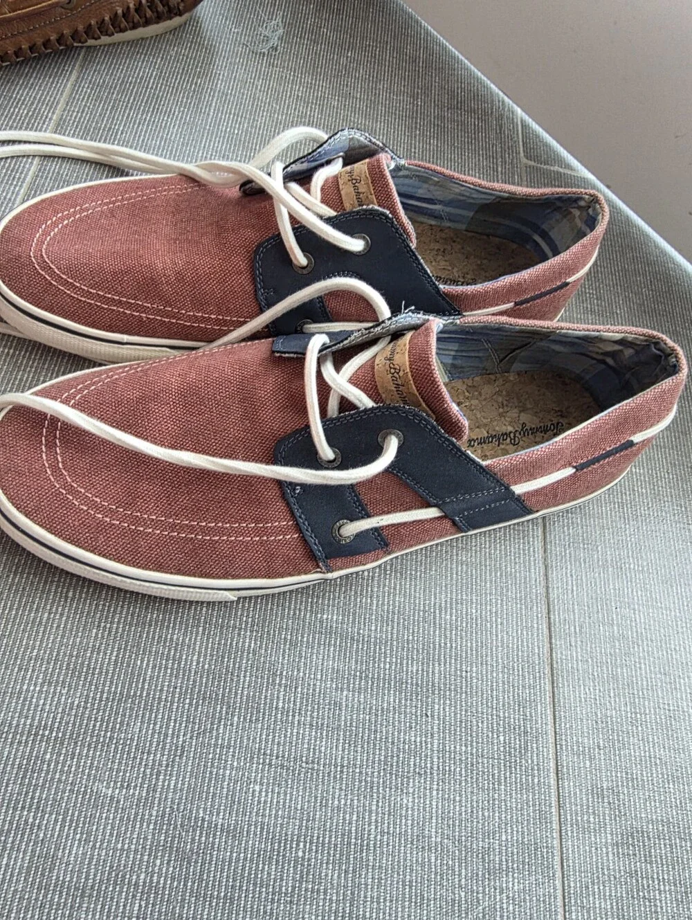 Tommy Bahama Men's Rust Canvas Boat Shoes with Navy Trim